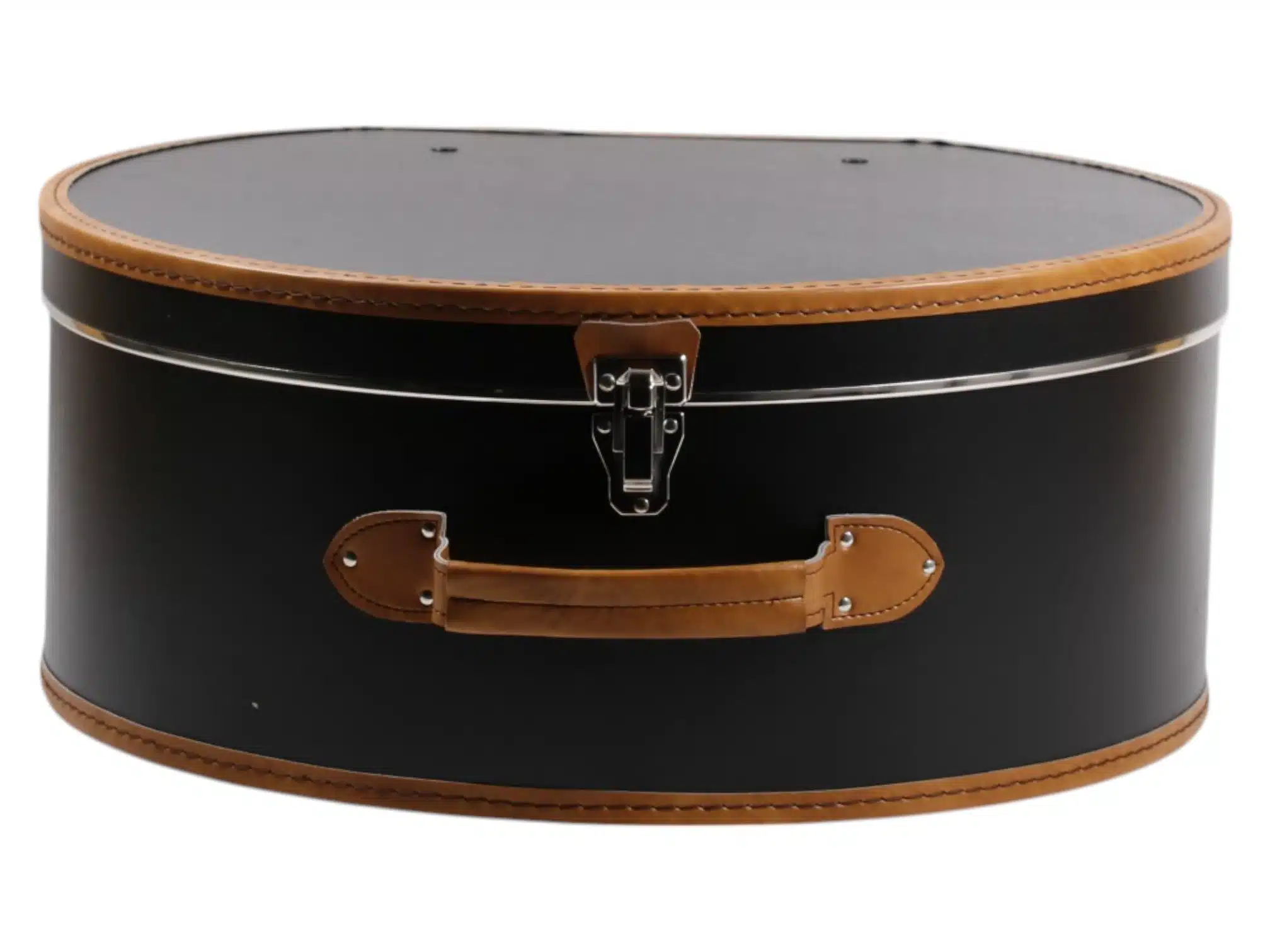 Schwarzer Hutkoffer mit braunen Details, geöffnet und geschlossen in Medium und Large