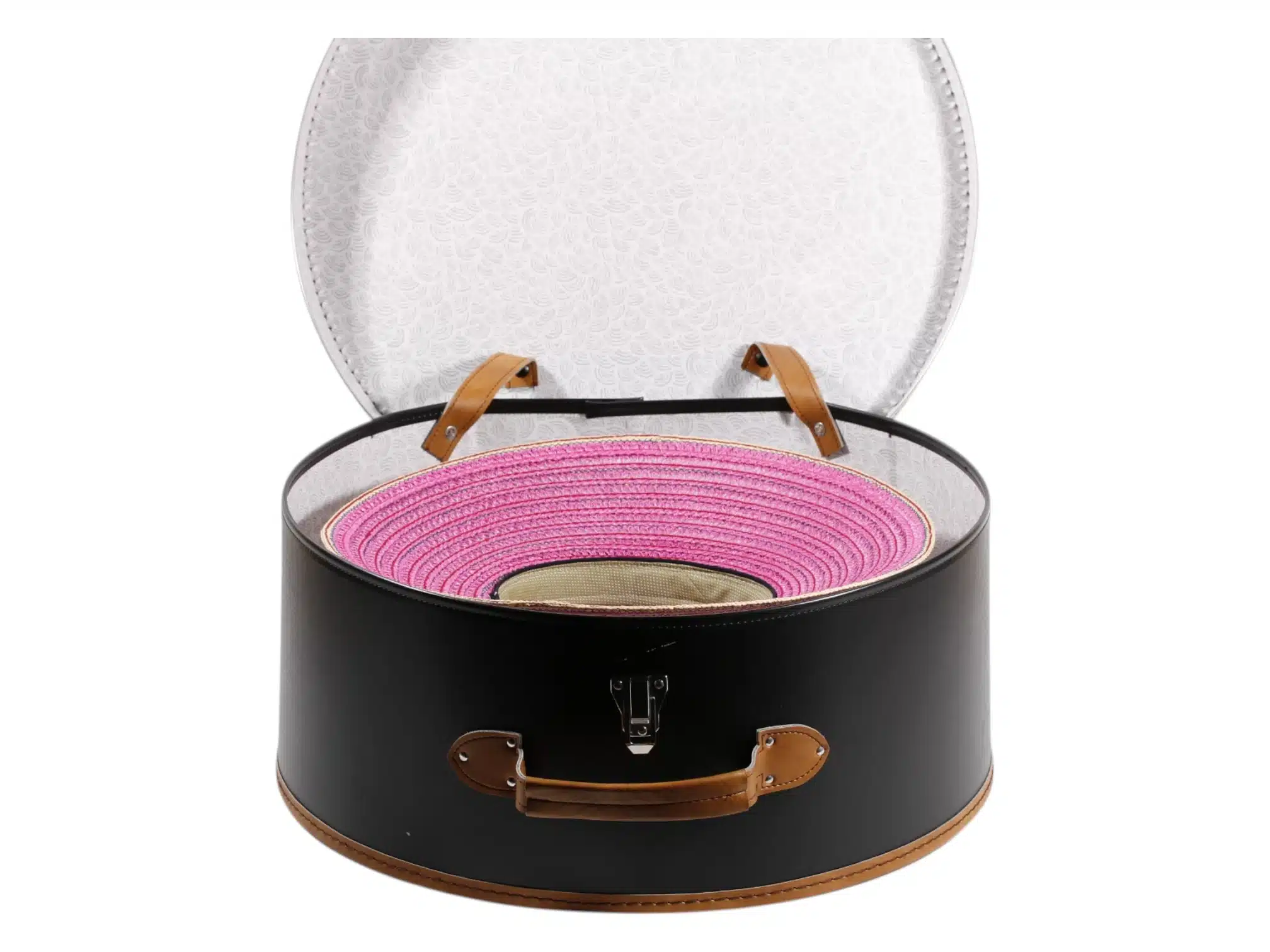 Schwarzer Hutkoffer mit braunen Details, geöffnet und geschlossen in Medium und Large