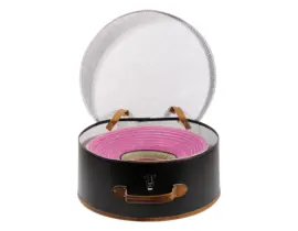 Schwarzer Hutkoffer mit braunen Details, geöffnet und geschlossen in Medium und Large