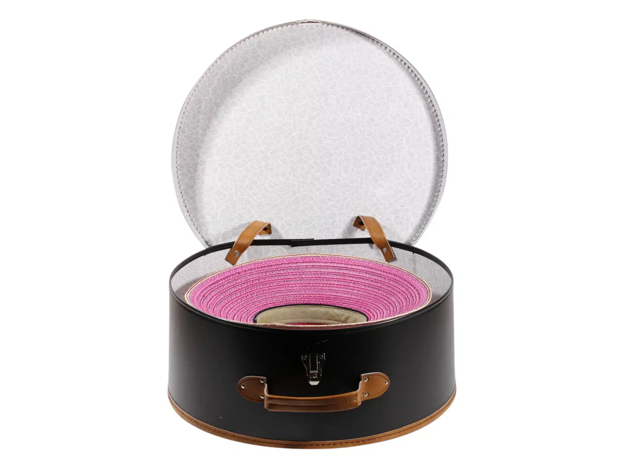 Schwarzer Hutkoffer mit braunen Details, geöffnet und geschlossen in Medium und Large