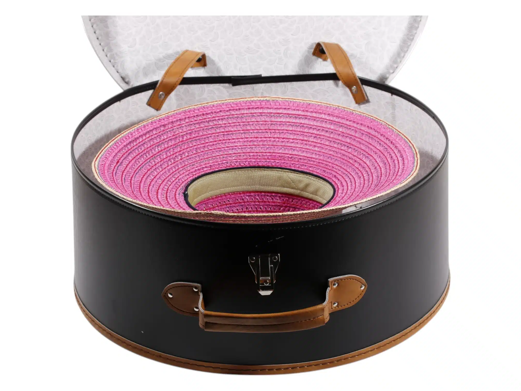 Schwarzer Hutkoffer mit braunen Details, geöffnet und geschlossen in Medium und Large