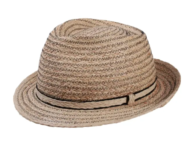 Trilbyhut aus Raffia mit Zickzackstruktur und schmalem Raffiaband – handgefertigt