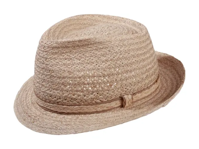 Trilbyhut aus Raffia mit Zickzackstruktur und schmalem Raffiaband – handgefertigt