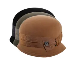 Cloche „très chic“ in Moos, Schwarz, Camel – stilvoller Damenhut aus Haarfilz Velours, handgefertigt in der Schweiz