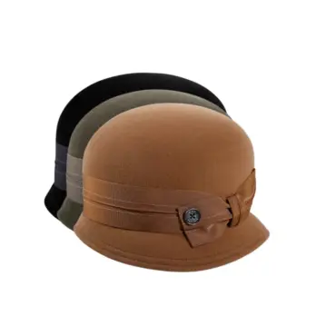 Cloche „très chic“ in Moos, Schwarz, Camel – stilvoller Damenhut aus Haarfilz Velours, handgefertigt in der Schweiz