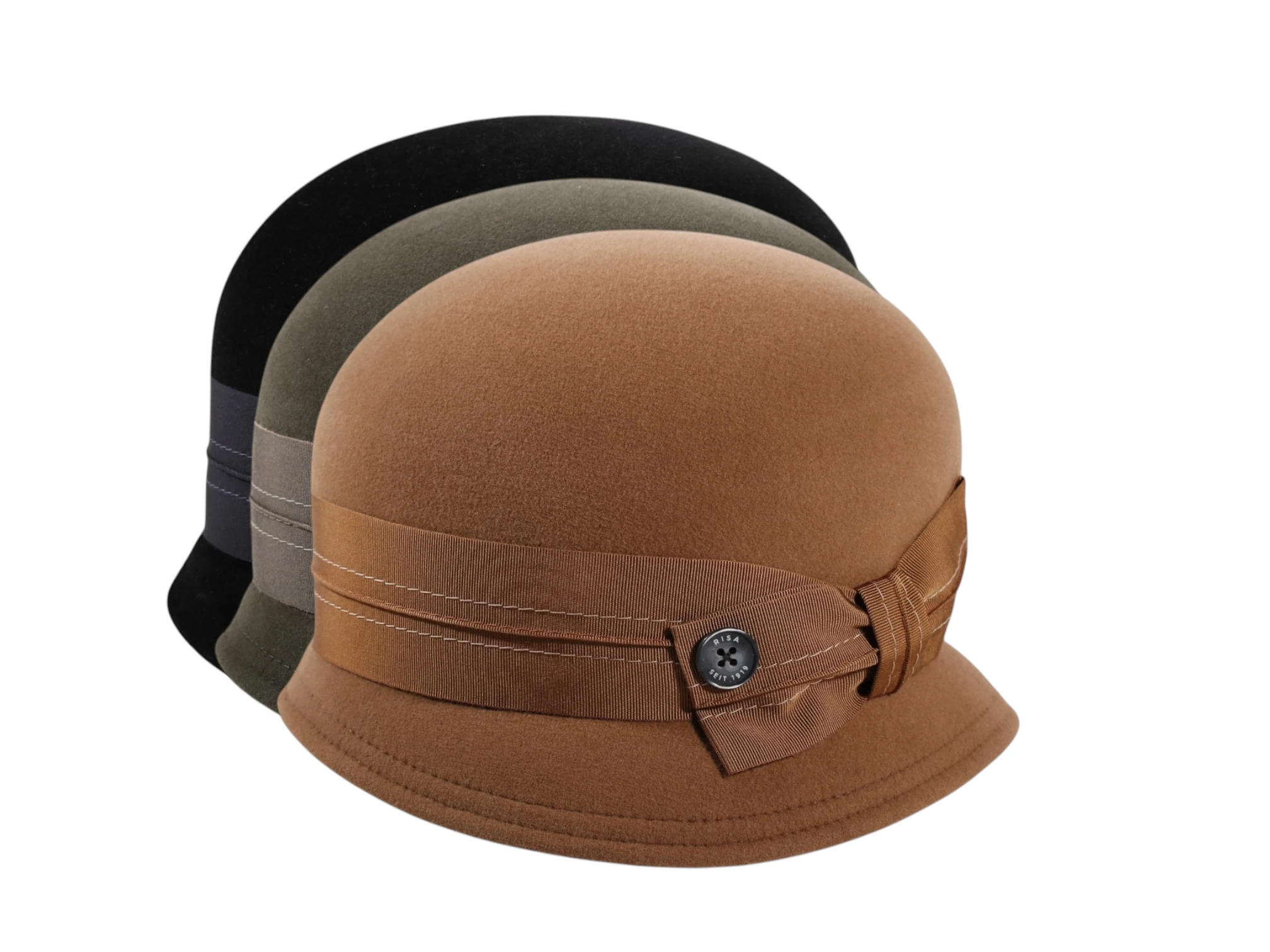 Cloche „très chic“ in Moos, Schwarz, Camel – stilvoller Damenhut aus Haarfilz Velours, handgefertigt in der Schweiz