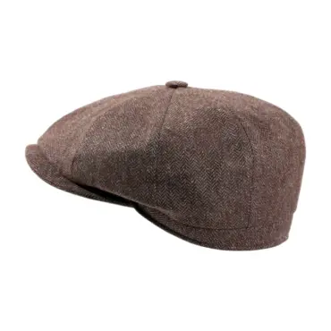 Paperboy Mütze Herringbone aus Wolle mit Fischgrätmuster in Mittelbraun, Jeansblau und Olive