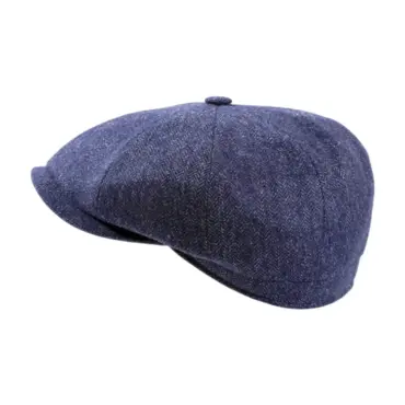 Paperboy Mütze Herringbone aus Wolle mit Fischgrätmuster in Mittelbraun, Jeansblau und Olive