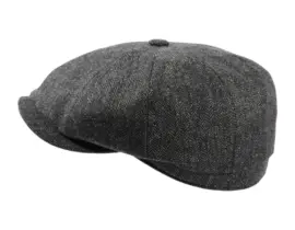 Paperboy Mütze Herringbone aus Wolle mit Fischgrätmuster in Mittelbraun, Jeansblau und Olive