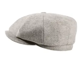 Paperboy „Shelby“ Wolle Moon in hellem Beige: klassische 8-Panel-Mütze im Herringbone-Muster, seitliche Ansicht.