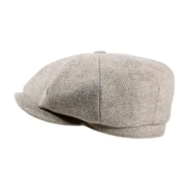 Paperboy „Shelby“ Wolle Moon in hellem Beige: klassische 8-Panel-Mütze im Herringbone-Muster, seitliche Ansicht.