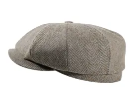 Paperboy „Shelby“ Wolle Moon in hellem Beige: klassische 8-Panel-Mütze im Herringbone-Muster, seitliche Ansicht.
