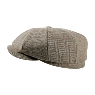 Paperboy „Shelby“ Wolle Moon in hellem Beige: klassische 8-Panel-Mütze im Herringbone-Muster, seitliche Ansicht.