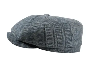 Paperboy „Shelby“ Wolle Moon in hellem Beige: klassische 8-Panel-Mütze im Herringbone-Muster, seitliche Ansicht.