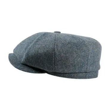 Paperboy „Shelby“ Wolle Moon in hellem Beige: klassische 8-Panel-Mütze im Herringbone-Muster, seitliche Ansicht.