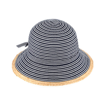 Stoffhut Glocke gestreift mit Schleife und Stroheinfass – hochwertige Kopfbedeckung von Fiebig bei Hut Factory Schweiz