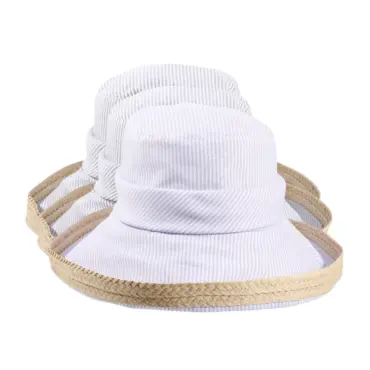 Baumwoll Aufschlaghut lila mit Raffia-Krempe